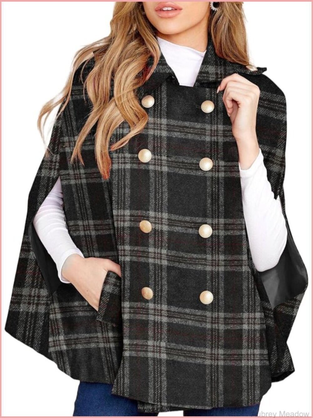 Double Breasted Plaid Cape Jacket with Pockets Winter Coat